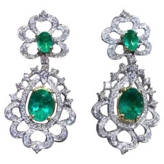 AIG Certified 7.50 Carats Zambian Emeralds 2.90 Ct Diamonds 18K Gold Earrings