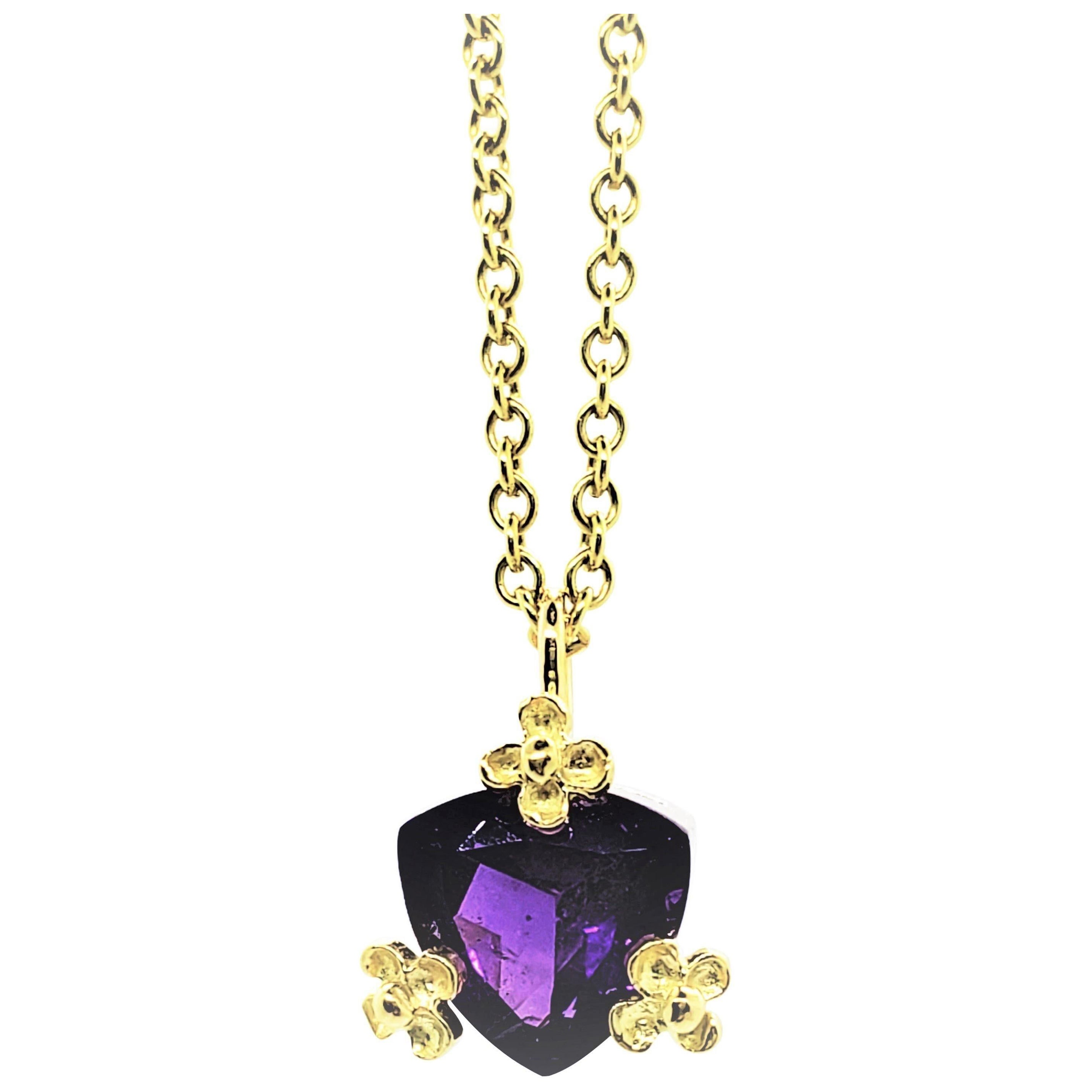 February Birthstone Amethyst Trillion Necklace in 14KY, 14KP, 18KY Petal Prongs For Sale