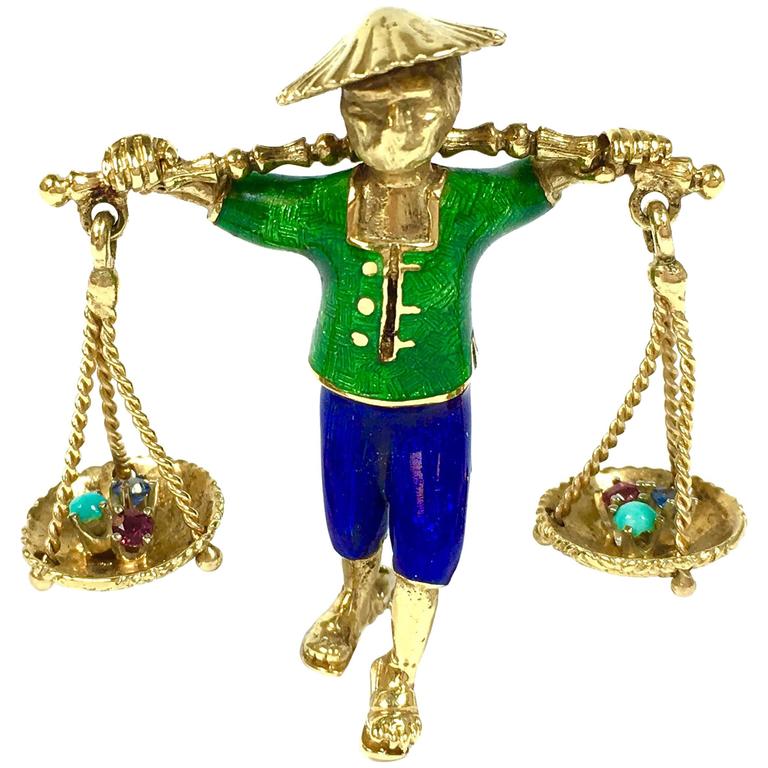 Oriental Carrier Man Enamel Gold Articulating Brooch For Sale