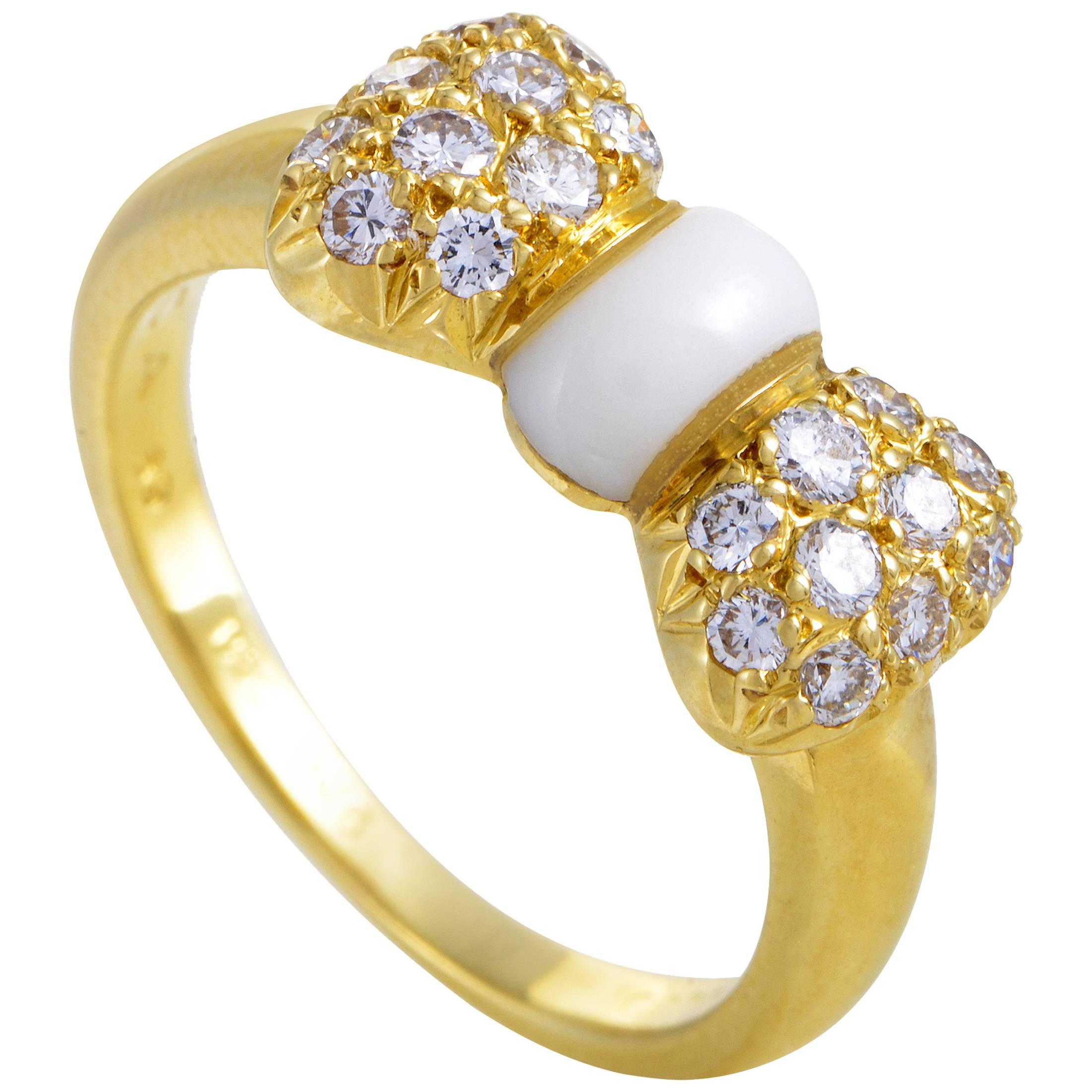 Van Cleef & Arpels Yellow Gold Diamond and White Agate Bow Ring