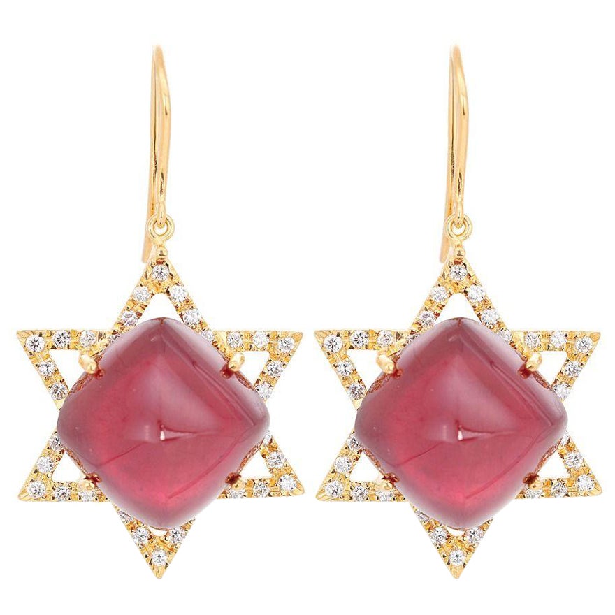 Captivating 50.00ct Ruby Earrings with Side Diamonds in 18K Yellow Gold For Sale