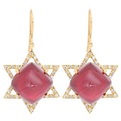 Captivating 50.00ct Ruby Earrings with Side Diamonds in 18K Yellow Gold