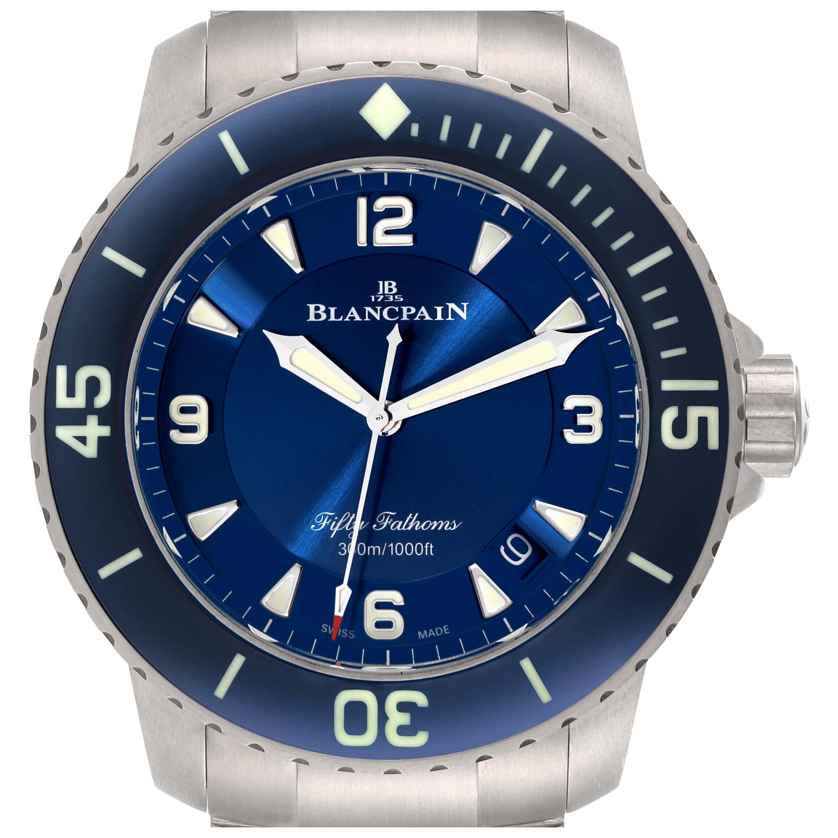 Blancpain Fifty Fathoms Automatic Titanium Blue Dial Mens Watch 5015 Box Card For Sale
