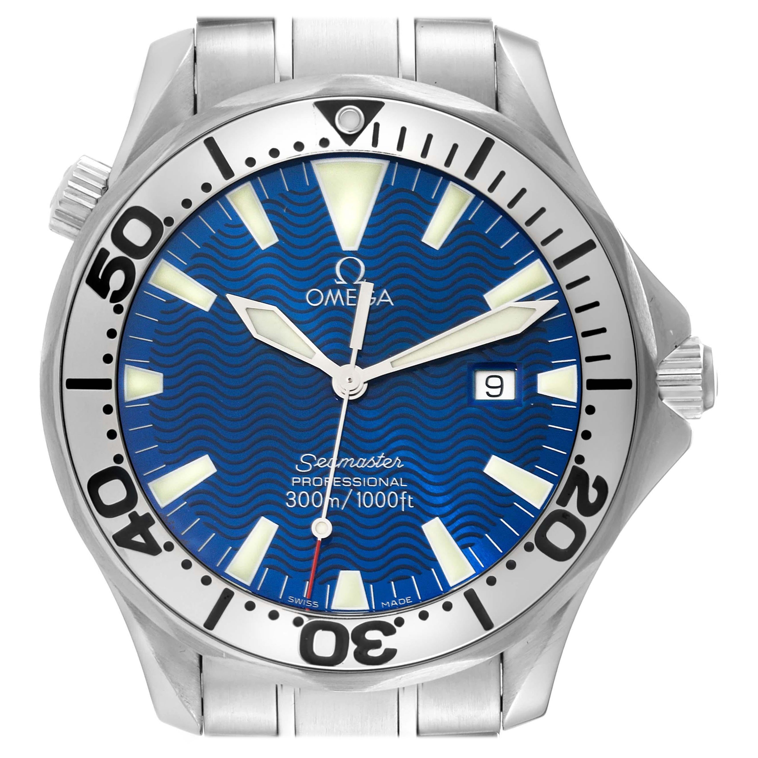 Omega Seamaster Electric Blue Wave Dial Steel Mens Watch 2265.80.00 For Sale