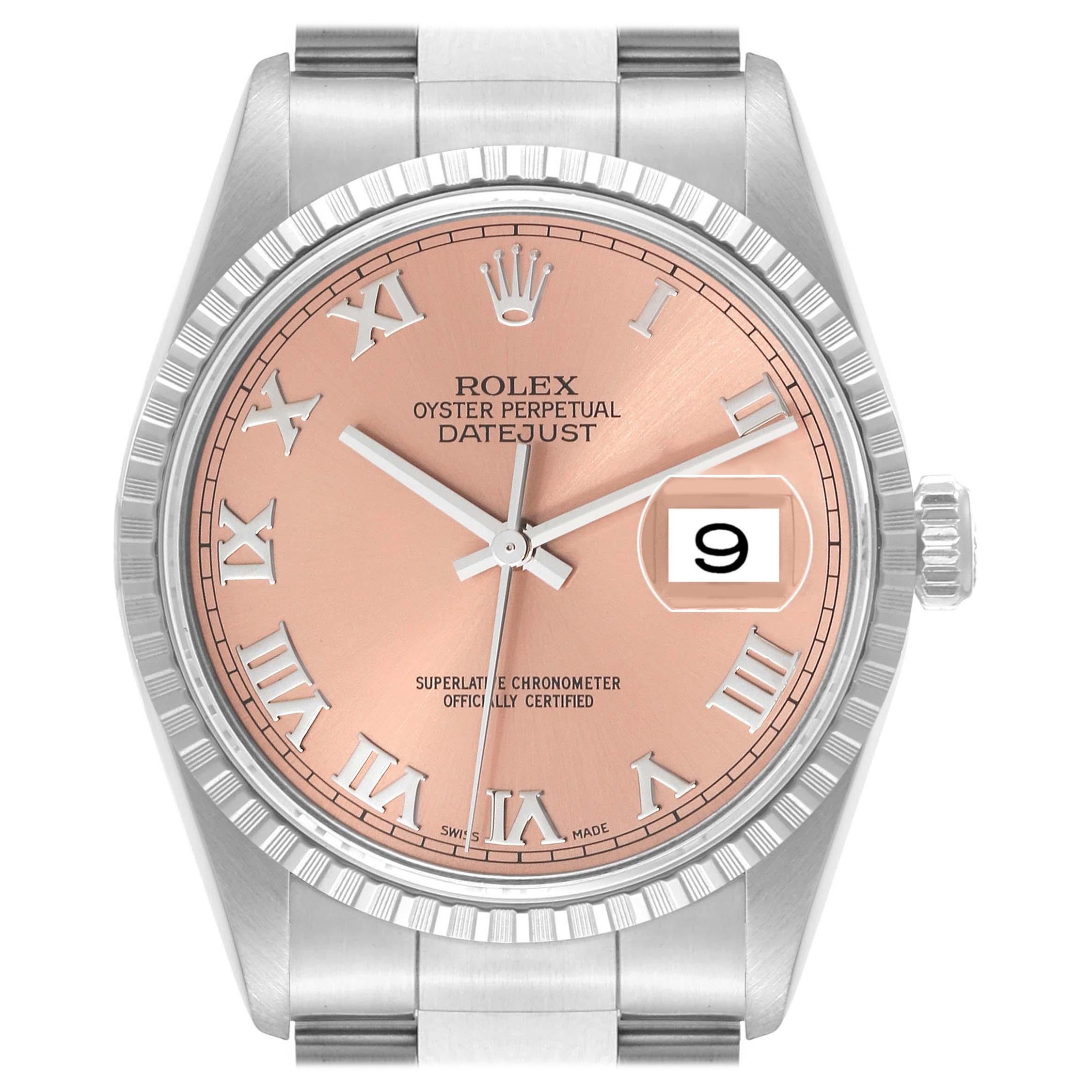 Rolex Datejust 36 Salmon Roman Dial Steel Mens Watch 16220 Box Papers For Sale