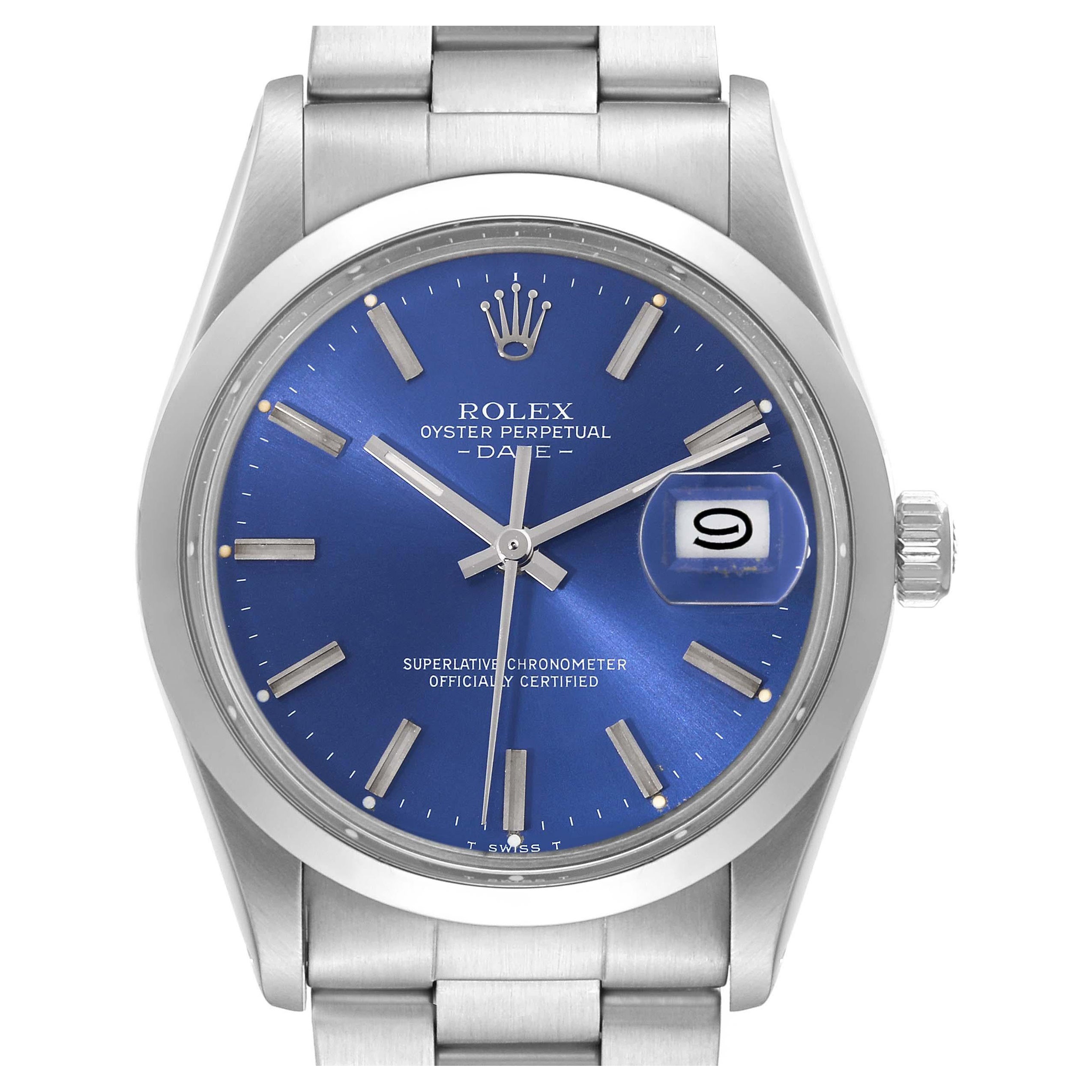 Rolex Date Stainless Steel Blue Dial Vintage Mens Watch 15000