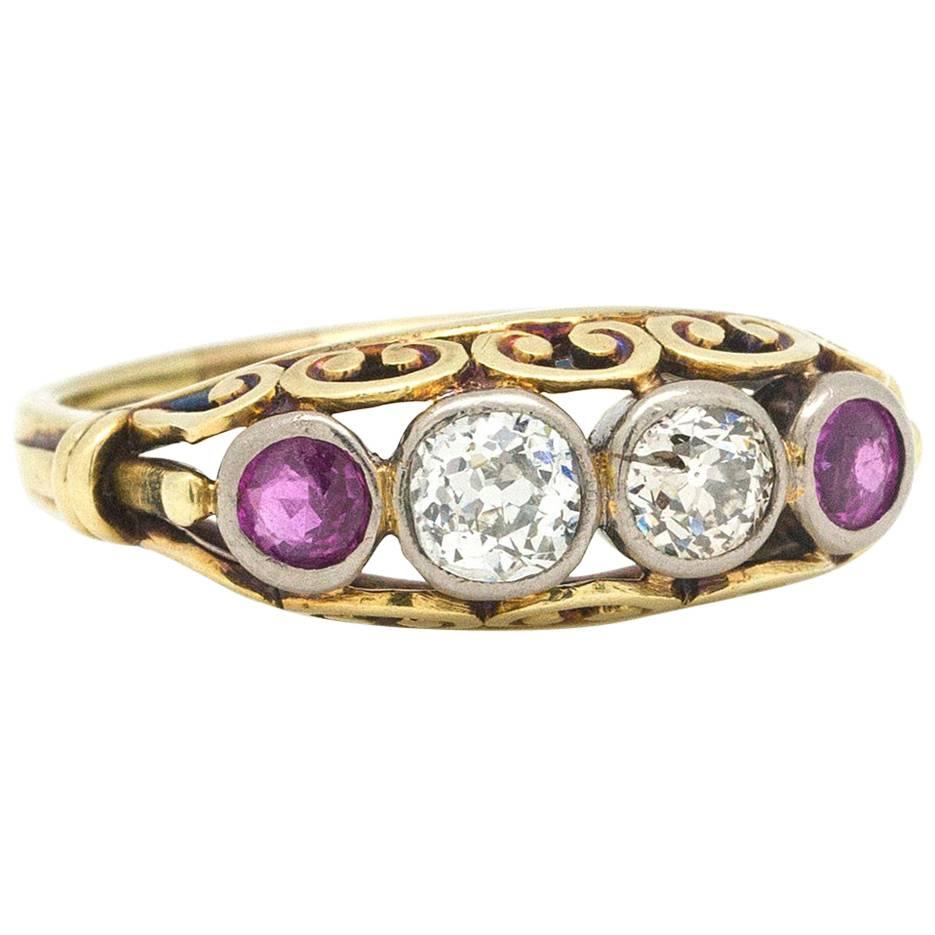 Antique Victorian Old European Cut Diamond Ruby Ring For Sale
