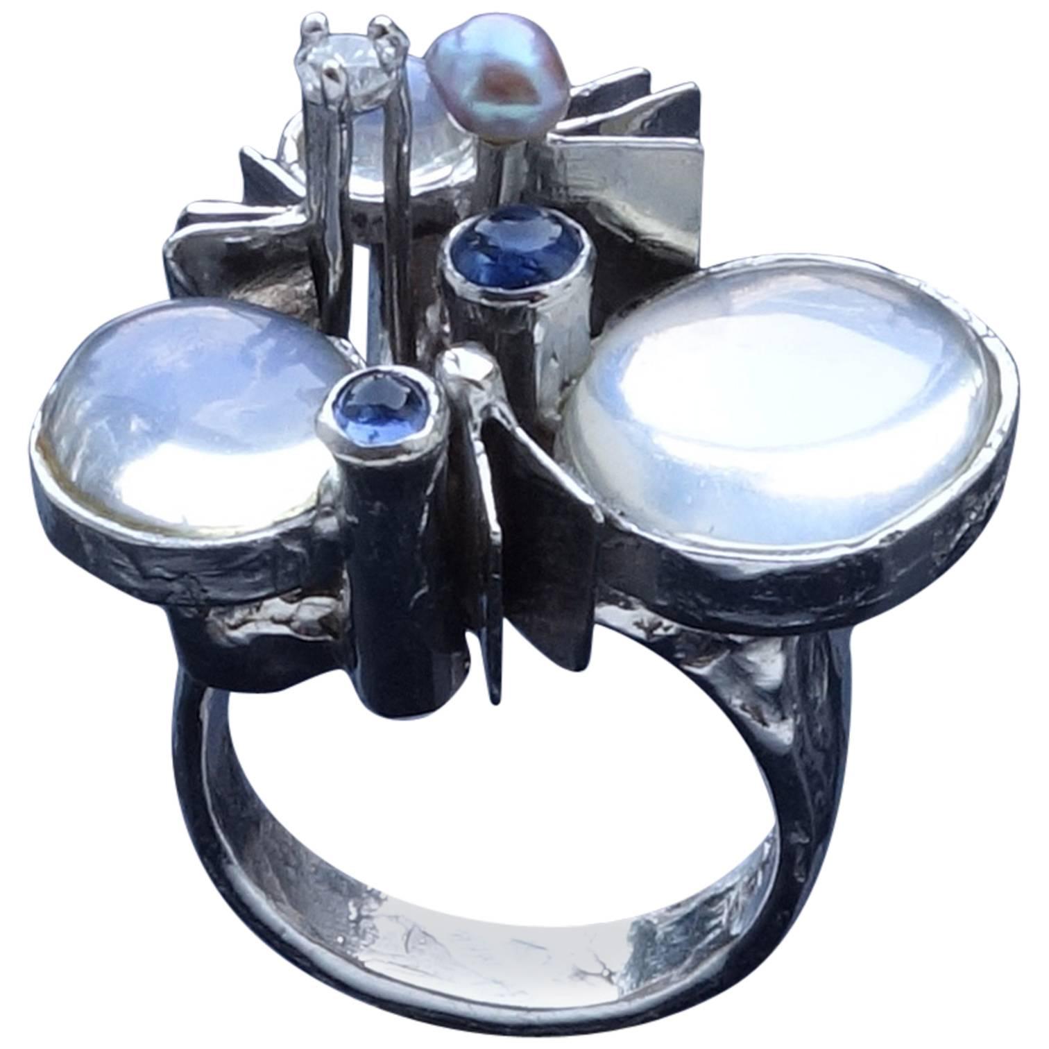 Klaus Neubauer Modernist Moonstone Sapphire Diamond Pearl White Gold Ring For Sale
