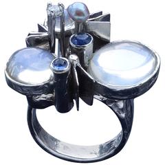 Vintage Klaus Neubauer Modernist Moonstone Sapphire Diamond Pearl White Gold Ring