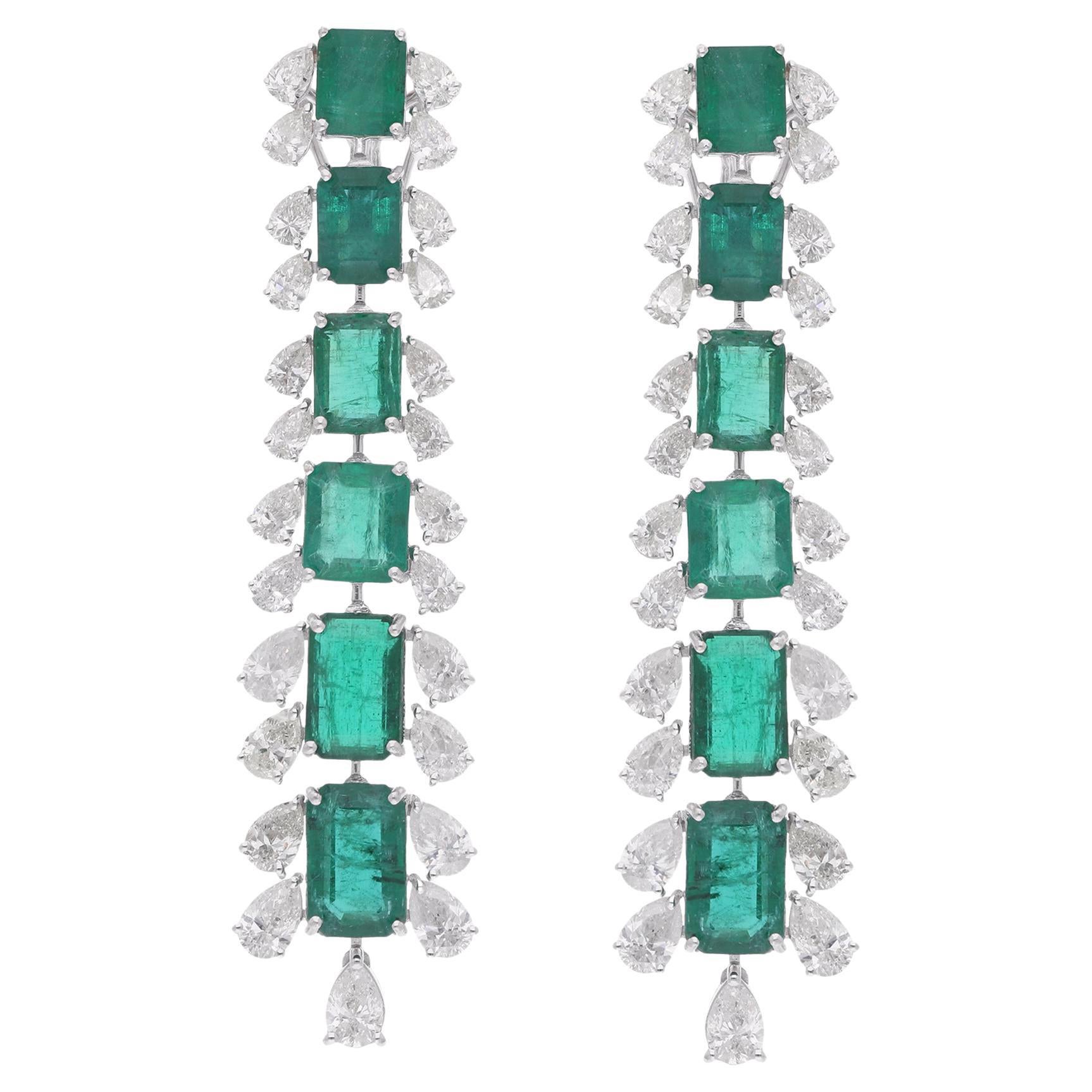 Natural Zambian Emerald Gemstone Dangle Earrings Diamond 14k White Gold Jewelry