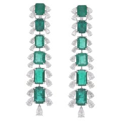 Natural Zambian Emerald Gemstone Dangle Earrings Diamond 14k White Gold Jewelry