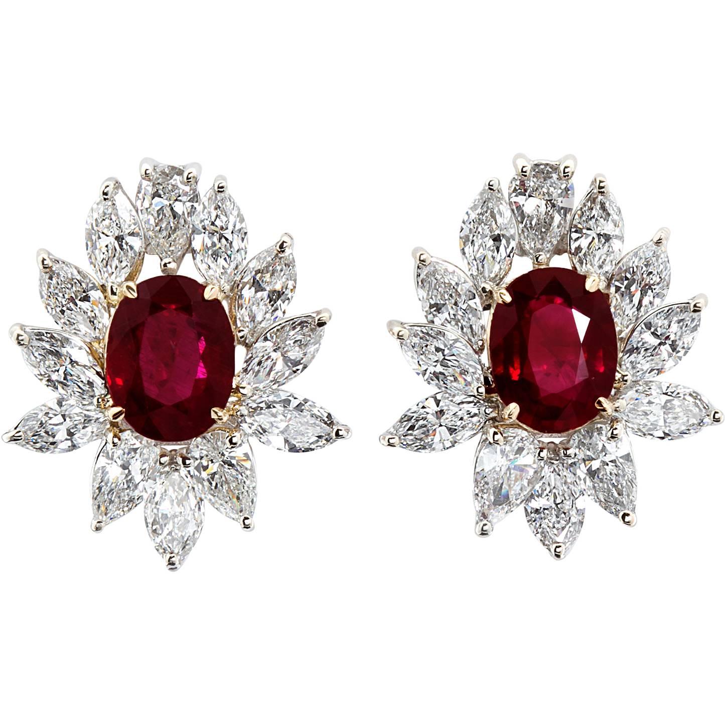 4.66 Carat Ruby Diamond Cluster Earrings For Sale