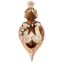 Large Antique Rose Gold Enamel and Pearls Pin Pendant