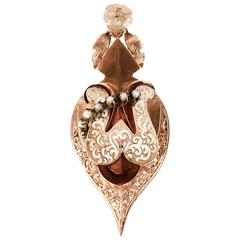 Large Antique Rose Gold Enamel and Pearls Pin Pendant 3