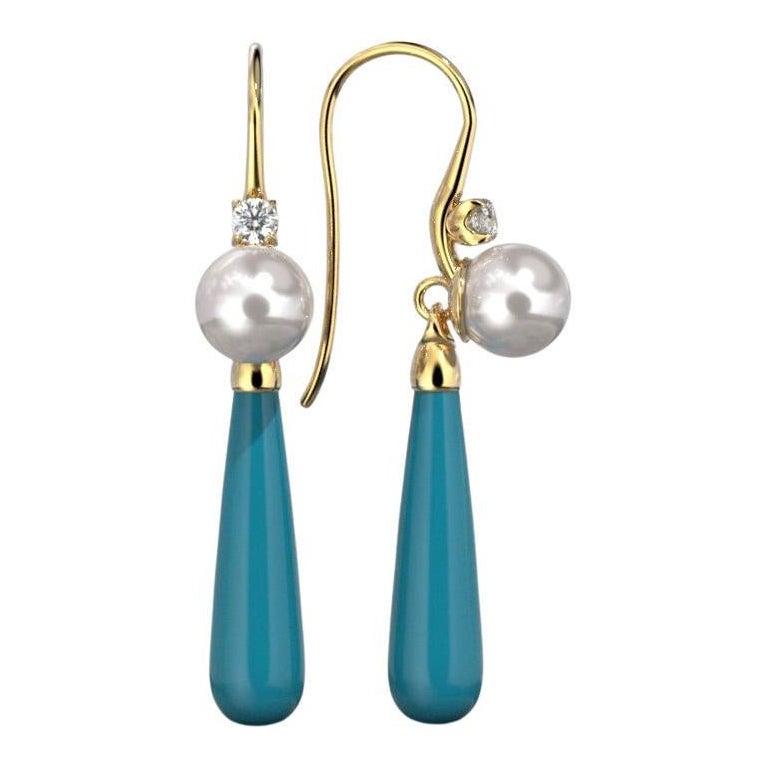 Turquoise Drop Earrings / Natural Pearl / Diamonds  18k Italy Yellow Gold  For Sale