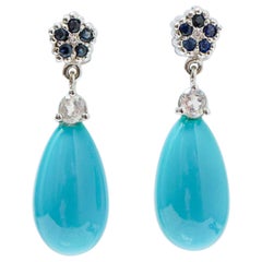 Turquoise, Sapphires, Moonstones, Diamonds, 14 Karat White Gold Dangle Earrings.