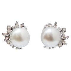 South-Sea Pearls, Diamonds, 14 Karat White Gold Earrings.