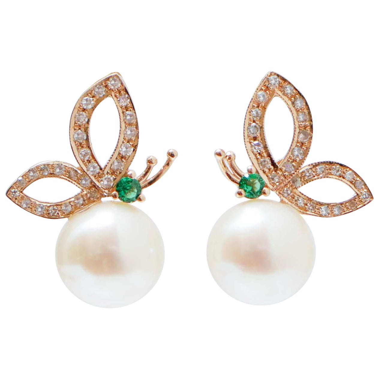 White Pearls, Tsavorite, Diamonds, 14 Karat Rose Gold Earrings. For Sale