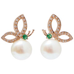 Vintage White Pearls, Tsavorite, Diamonds, 14 Karat Rose Gold Earrings.