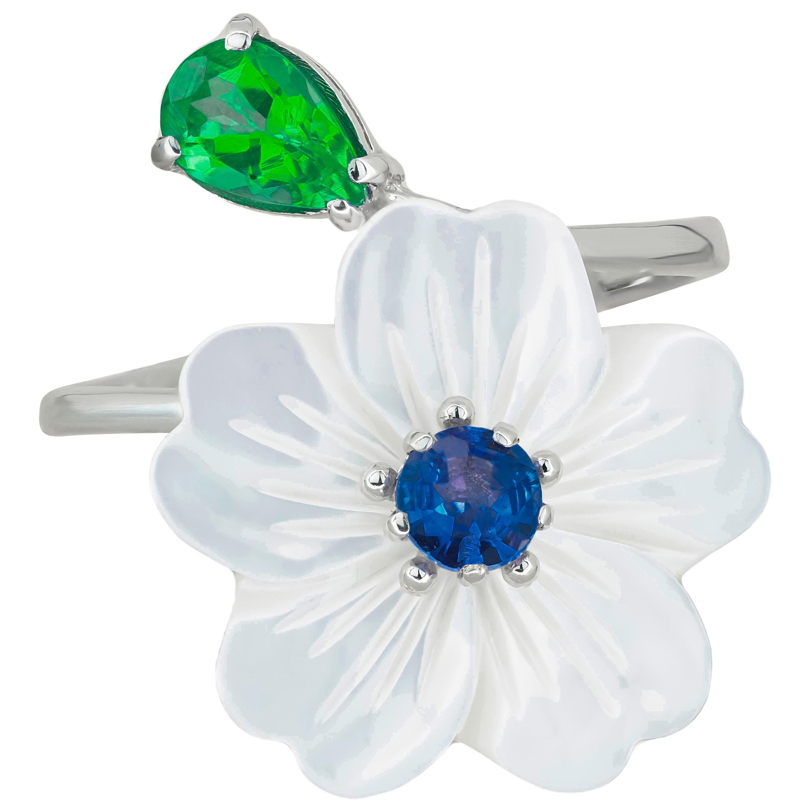 For Sale:  Carved Flower 14k ring with gemstones.