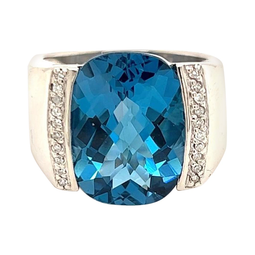 Checkerboard Cut London Blue Topaz & Diamond Statement Ring in 14K White Gold  For Sale