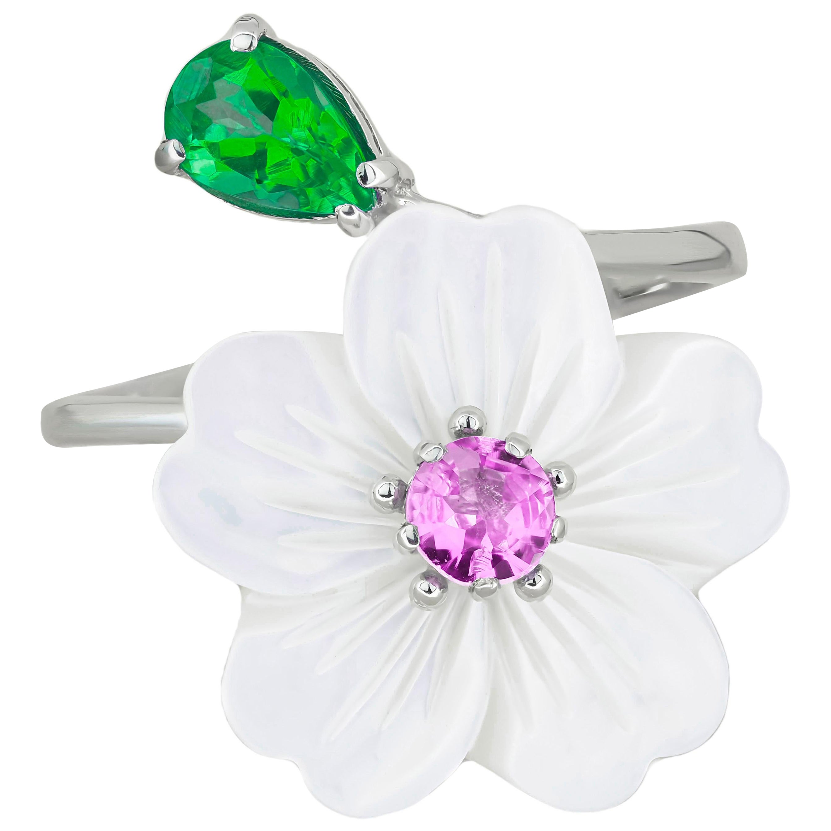 For Sale:  Carved Flower 14k ring with gemstones.