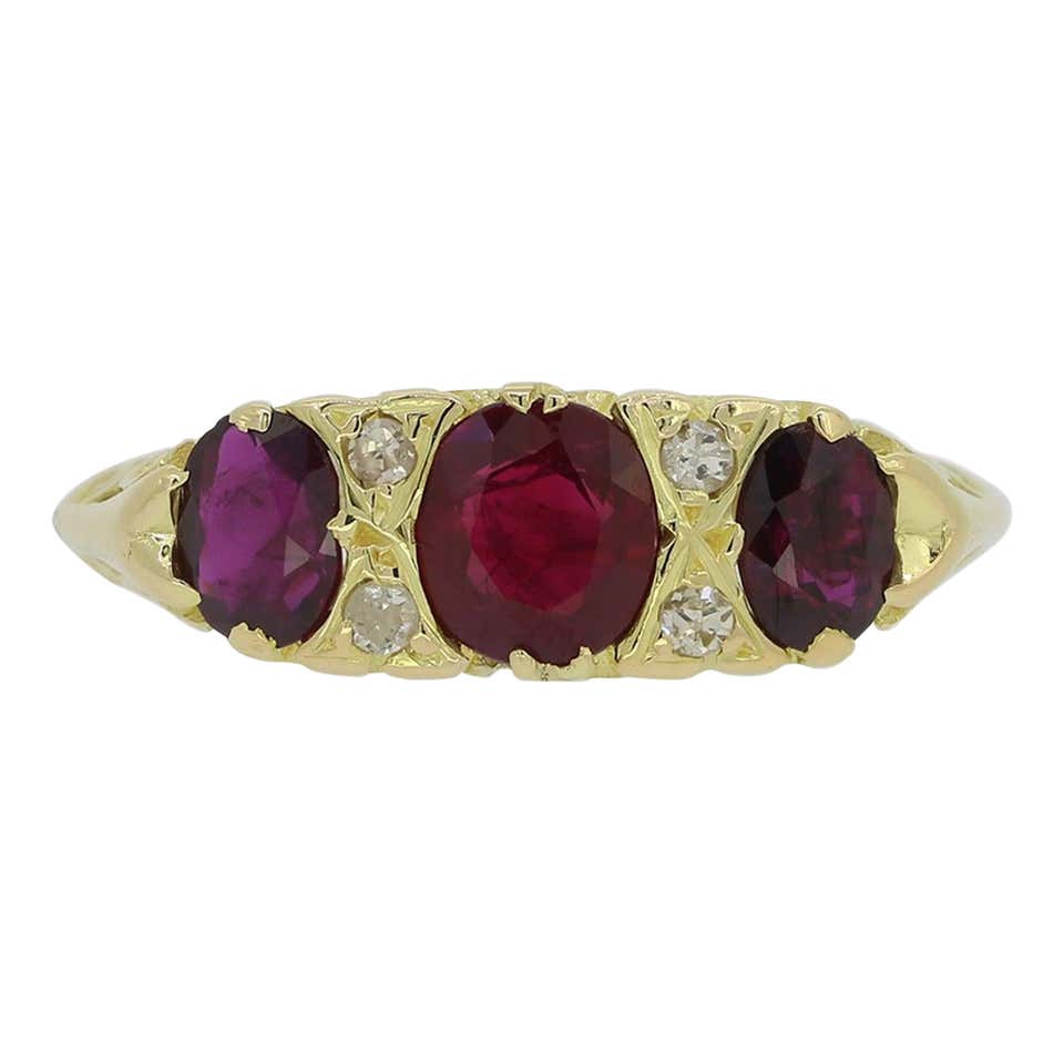 Vintage Burmese Ruby and Diamond Three-Stone Ring For Sale at 1stDibs