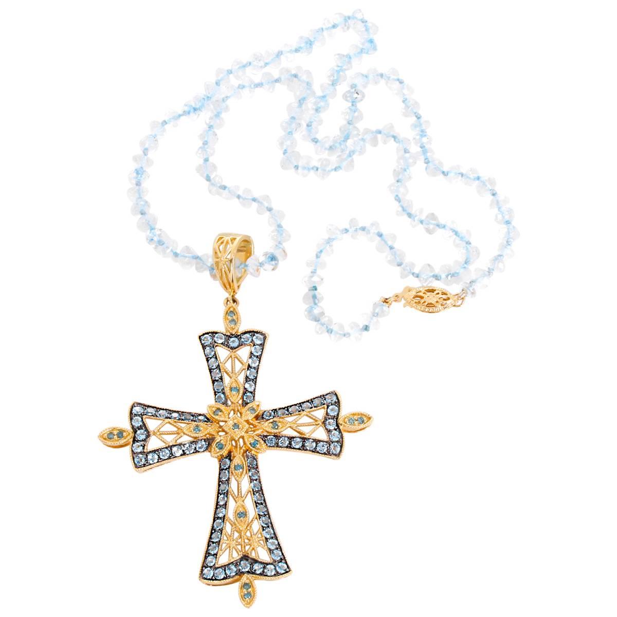 Dallas Prince Designs Blue Topaz and Blue Diamond Cross Necklace