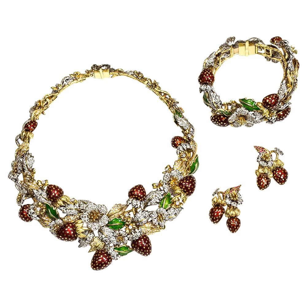 Diamond Sapphire Enamel and Gold Necklace Bracelet Earring Suite For Sale