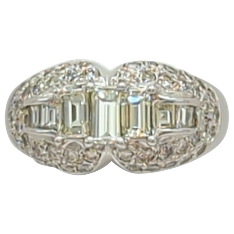 White Diamond Baguette and Round Ring in 18K White Gold For Sale