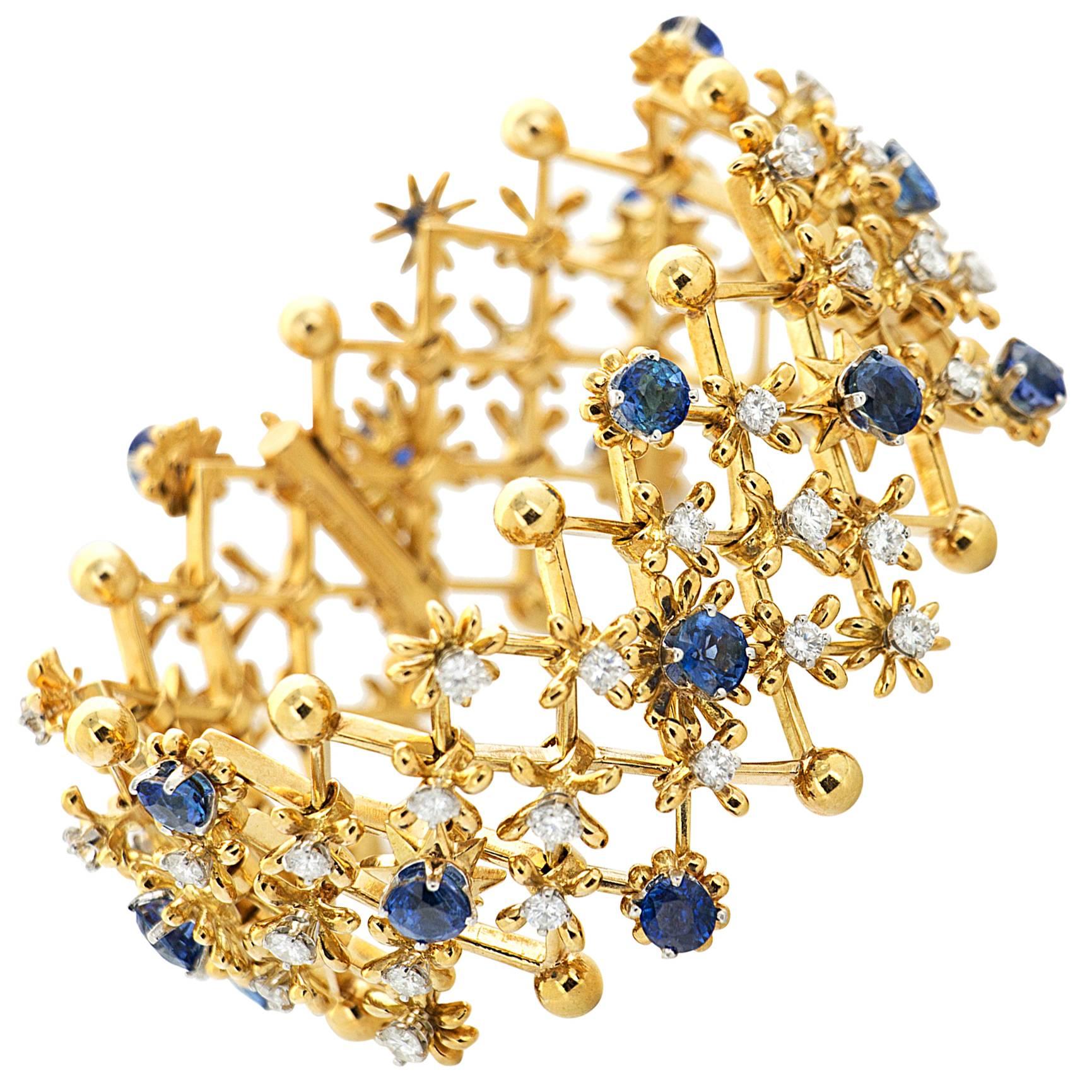Schlumberger for Tiffany & Co. Diamond  Sapphire Gold Bracelet  For Sale