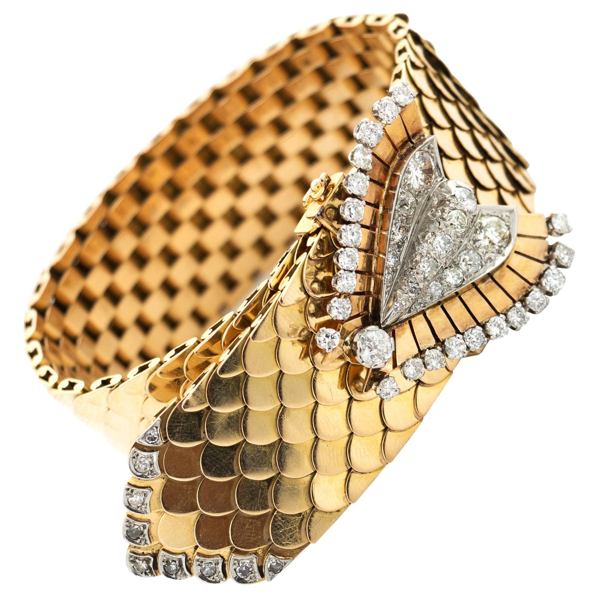  French 1940's Retro Diamond Gold Buckle Bracelet For Sale