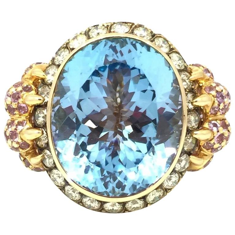 32 Carat Blue Topaz, Sapphire and Diamond Ring by ZORAB in 18k Rose ...