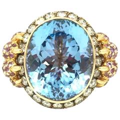 32 Carat Blue Topaz, Sapphire & Diamond Ring by ZORAB in 18k Rose Gold 