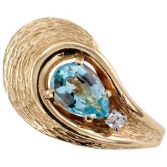 Vintage Modernist Blue Topaz and Diamond Cocktail Ring