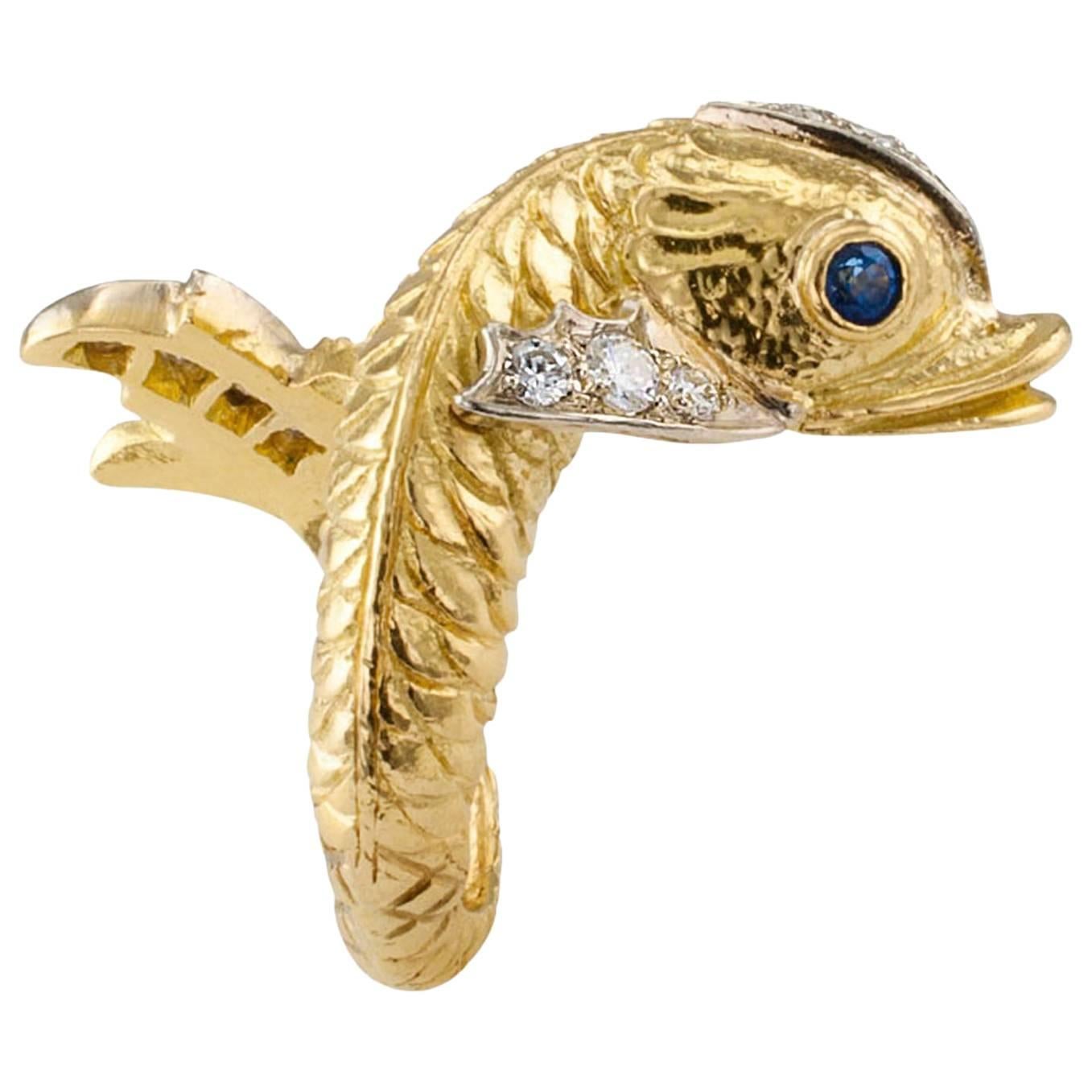 Wrap around the finger Diamond and Sapphire Fish Ring