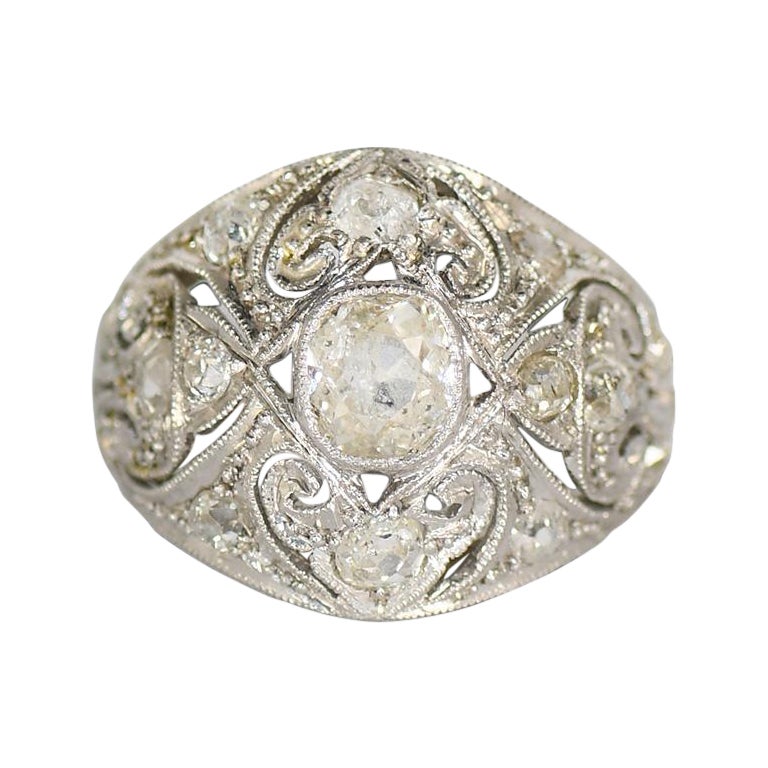 14K White Gold/Platinum Art Deco Diamond Ring 1.45 ct For Sale