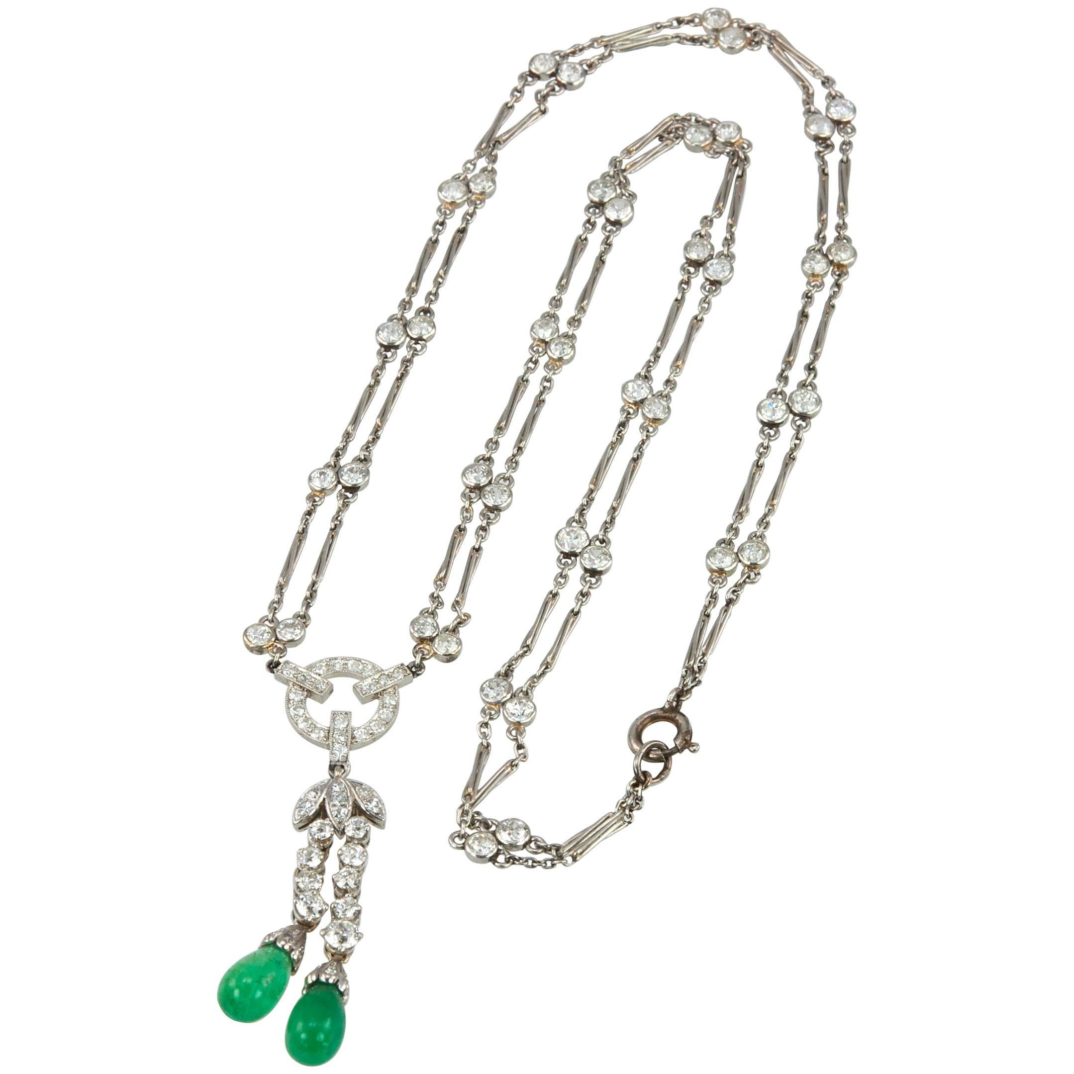 Diamond and Emerald Platinum Necklace Circa 1920s For Sale