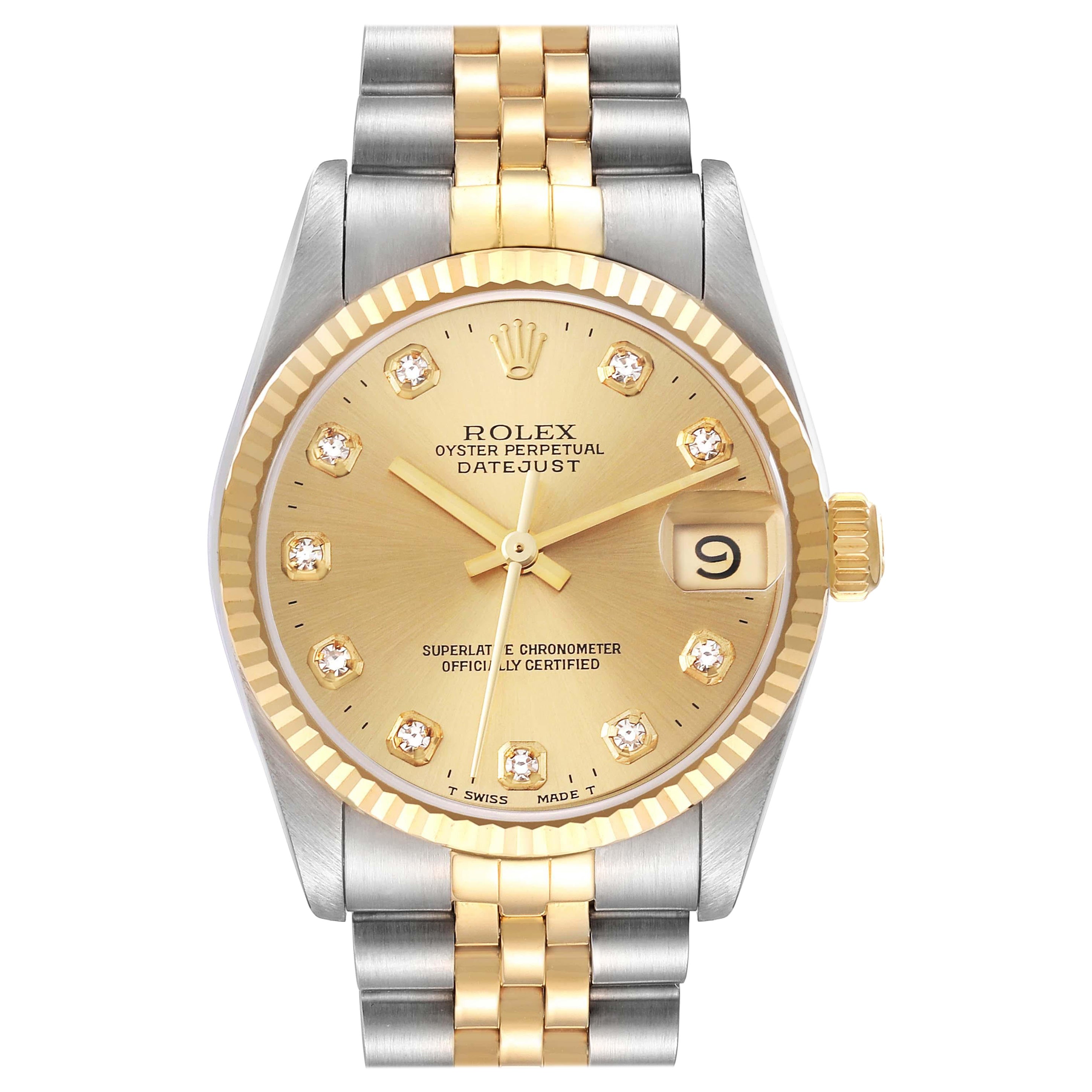 Rolex Datejust Midsize Diamond Dial Steel Yellow Gold Ladies Watch 68273 For Sale