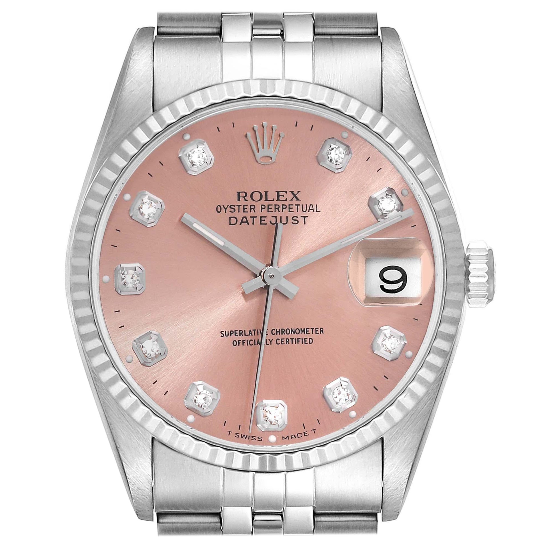 Rolex Datejust Steel White Gold Salmon Diamond Dial Mens Watch 16234 For Sale