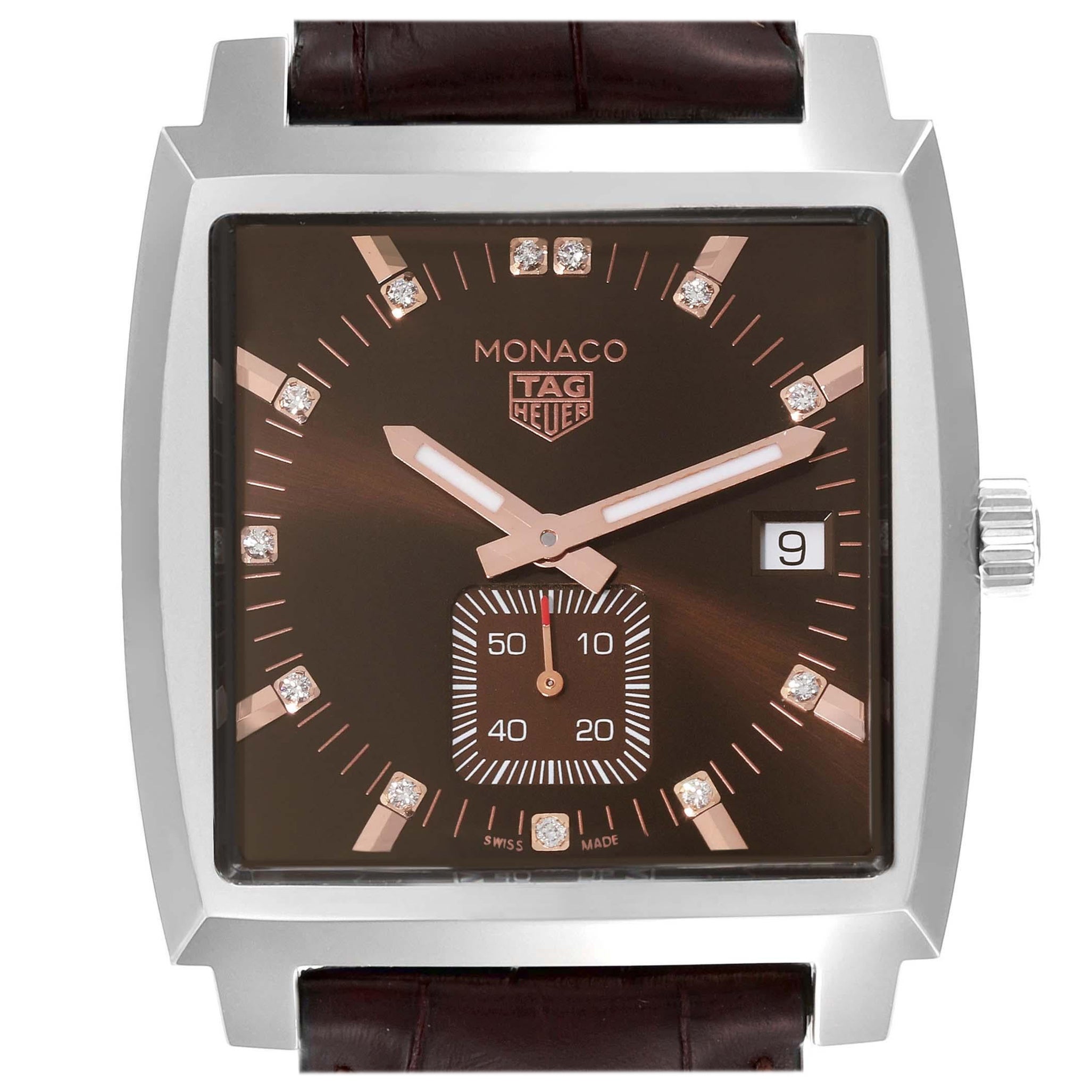 Tag Heuer Monaco Steel Brown Diamond Dial Mens Watch WAW131E Box Card For Sale