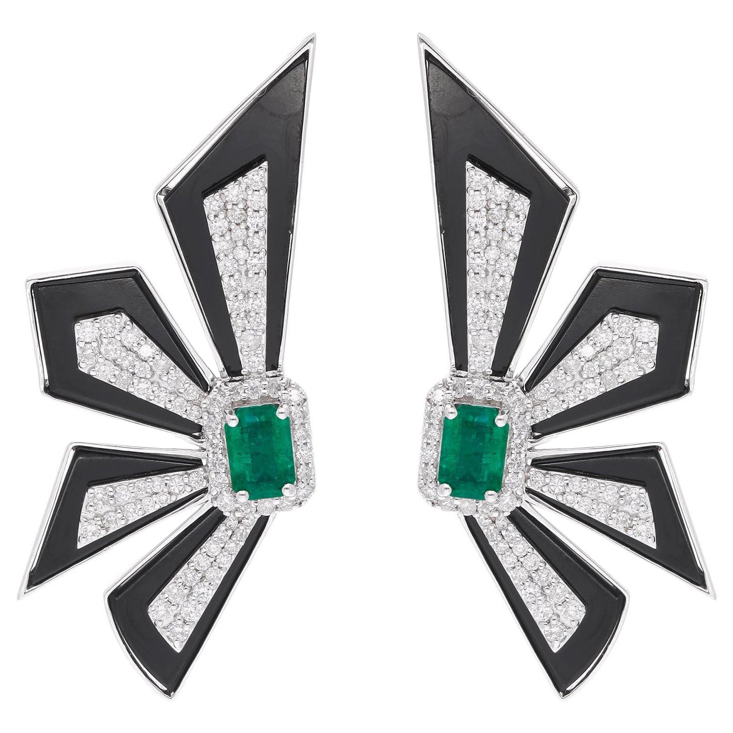 Zambian Emerald Black Onyx Designer Earrings Diamond Pave 18 Karat White Gold For Sale