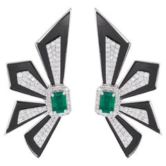 Zambianischer Smaragd Schwarzer Onyx Designer-Ohrringe Diamant Pave 18 Karat Weißgold