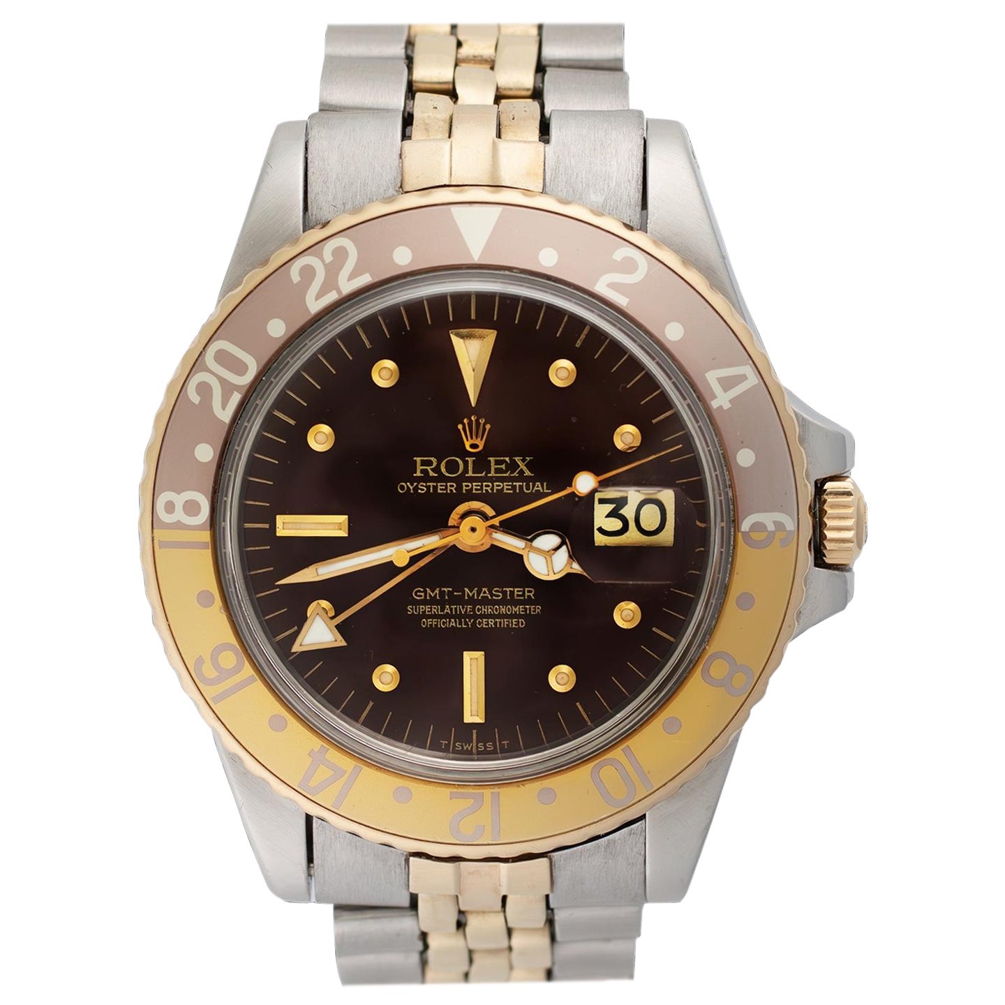 Rolex GMT-Master Yellow & Steel Brown Nipple Dial 1675 Watch w/ Papers, 1978 For Sale
