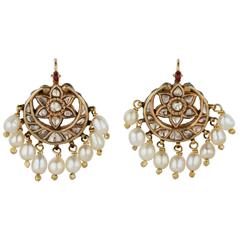 Antique Indian Earrings in Gold with Diamonds and Natural Pearls