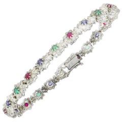 Retro Rubies, Emeralds, Sapphires, Diamonds, 14 Kt White Gold Bracelet.