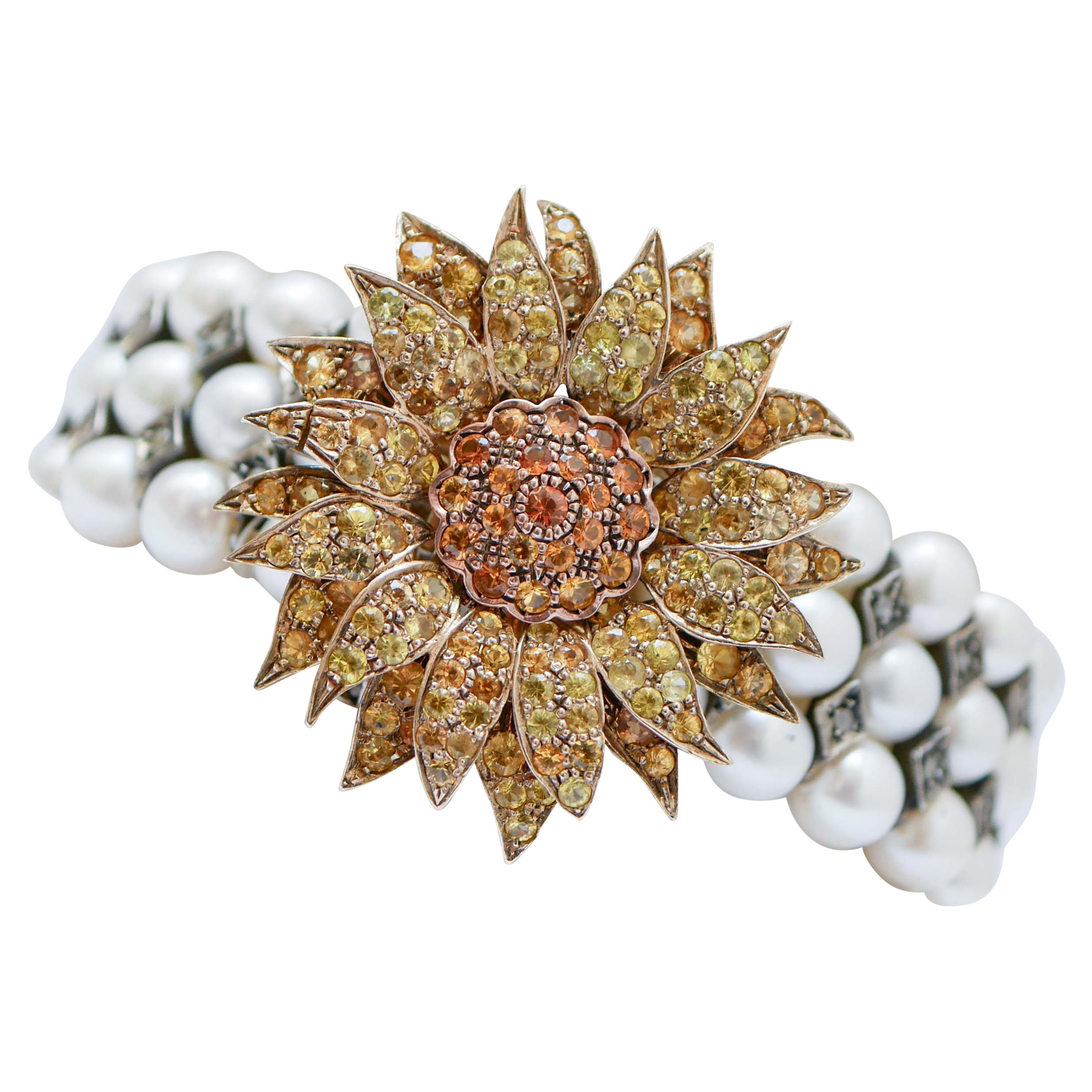Bracelet perles, saphirs, diamants, or rose et argent perlé