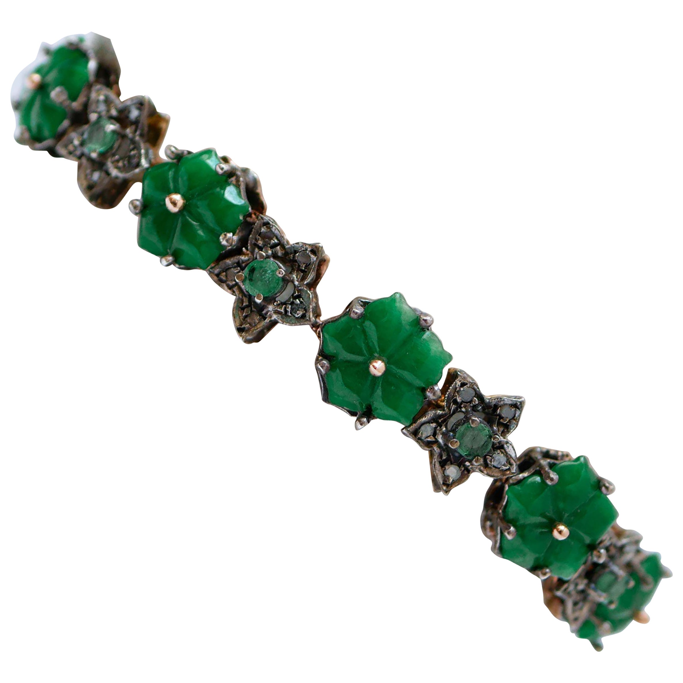 Green Agate Flowers, Emeralds, Diamonds, Rose Gold and Silver Bracelet. For Sale