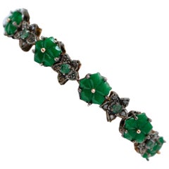 Retro Green Agate Flowers, Emeralds, Diamonds, Rose Gold and Silver Bracelet.