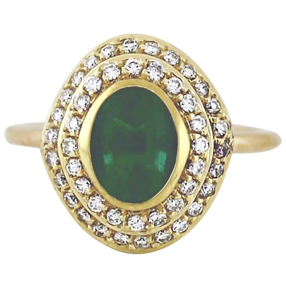 1970s Natural Green Emerald Ring with Diamonds Yellow Gold